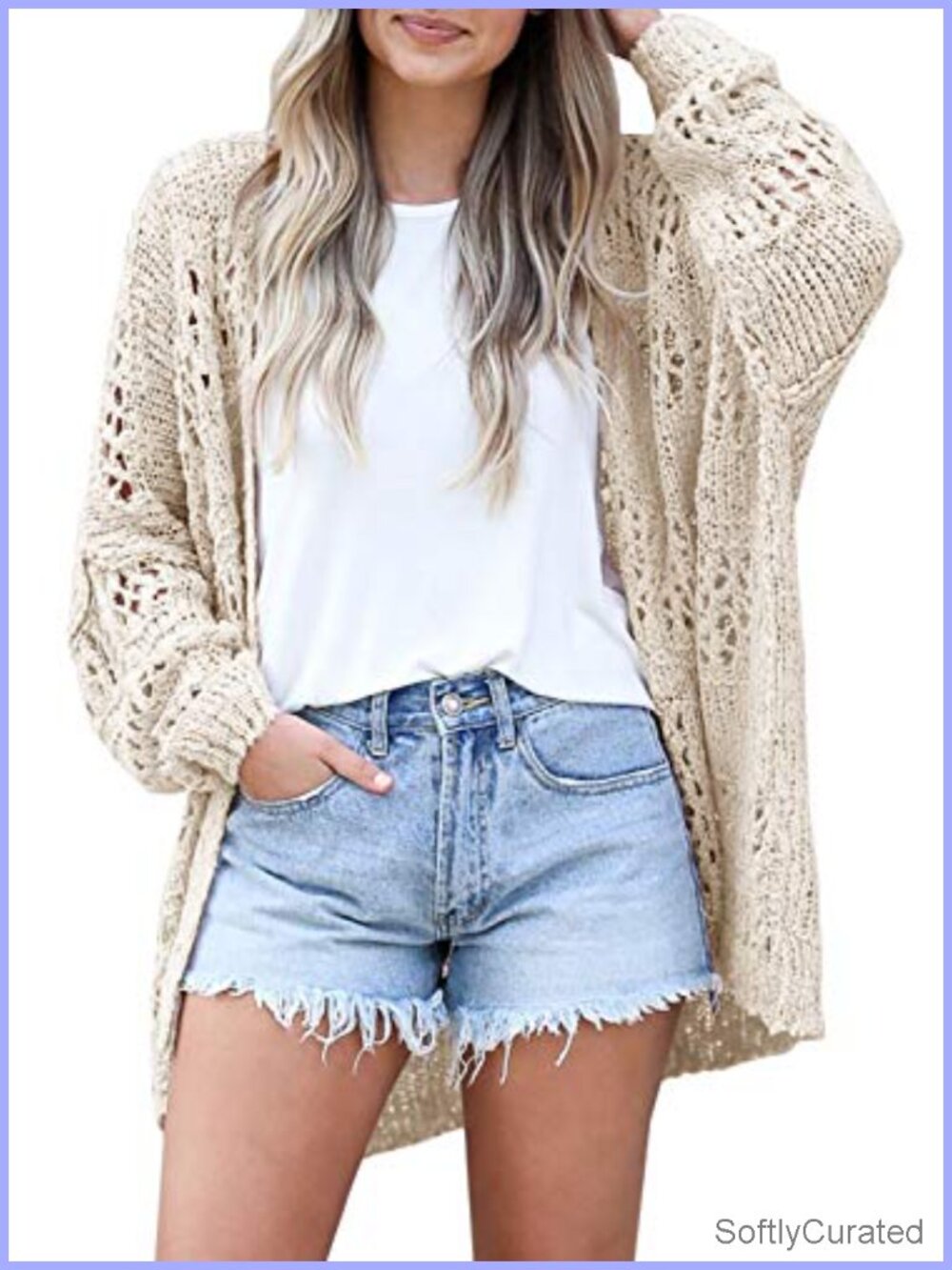 Womens Crochet Knit Open Front Cardigan Lightweight Loose Fit Batwing Sleeve